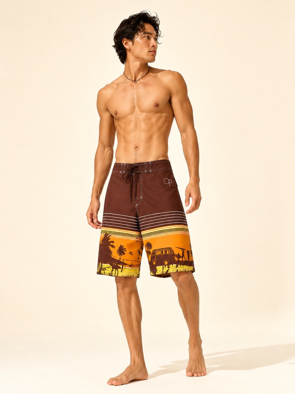 Y2K Surf Board Shorts Tropical Sunset Print Beachwear Westfalia Surf Core Sz 34